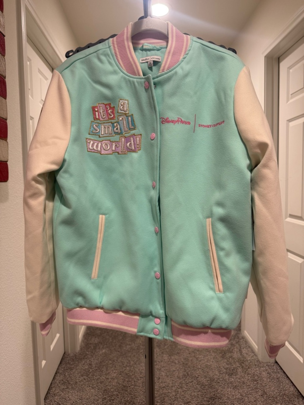 NWT Disney Parks Stoney Clover Lane It’s a Small World Varsity Jacket Size Large